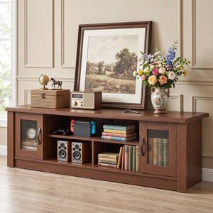 63” Wooden Farmhouse TV Stand for 70 inches TVs with 2 Fluted Doors and 3 Open Compartments-Brown view 6