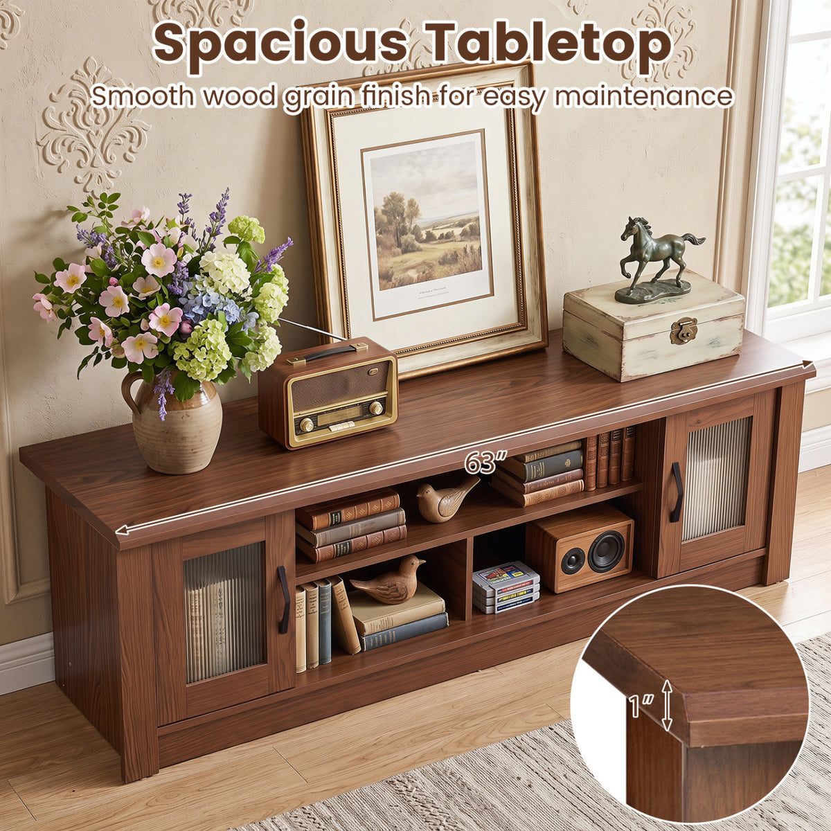 63” Wooden Farmhouse TV Stand for 70 inches TVs with 2 Fluted Doors and 3 Open Compartments-Brown view 7