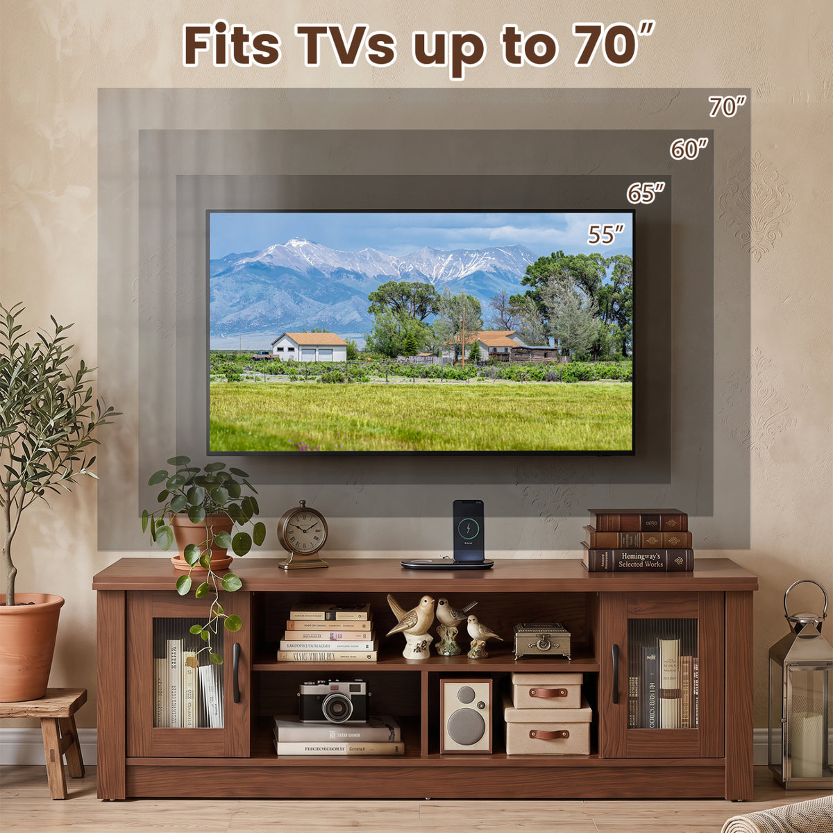 63” Wooden Farmhouse TV Stand for 70 inches TVs with 2 Fluted Doors and 3 Open Compartments-Brown view 8