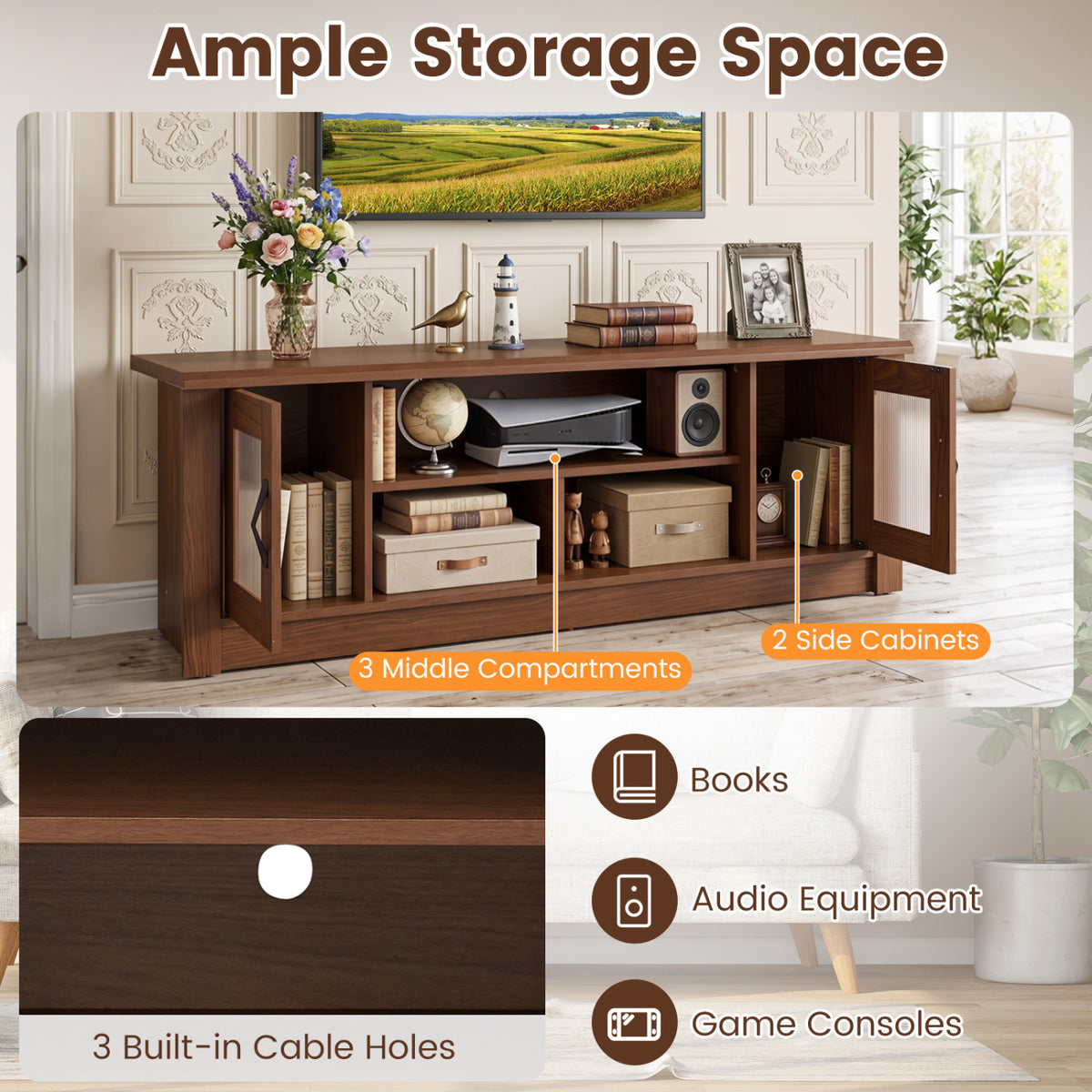 63” Wooden Farmhouse TV Stand for 70 inches TVs with 2 Fluted Doors and 3 Open Compartments-Brown view 9