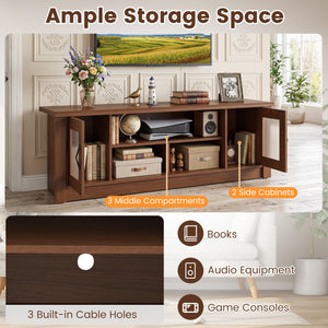 63” Wooden Farmhouse TV Stand for 70 inches TVs with 2 Fluted Doors and 3 Open Compartments-Brown view 9