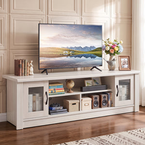 63” Wooden Farmhouse TV Stand for 70 inches TVs with 2 Fluted Doors and 3 Open Compartments-White view 2