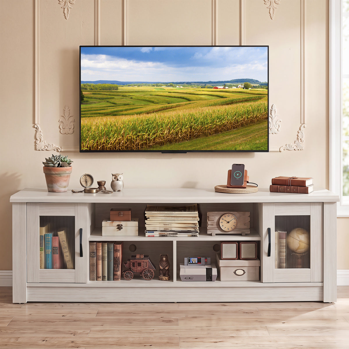 63” Wooden Farmhouse TV Stand for 70 inches TVs with 2 Fluted Doors and 3 Open Compartments-White view 3