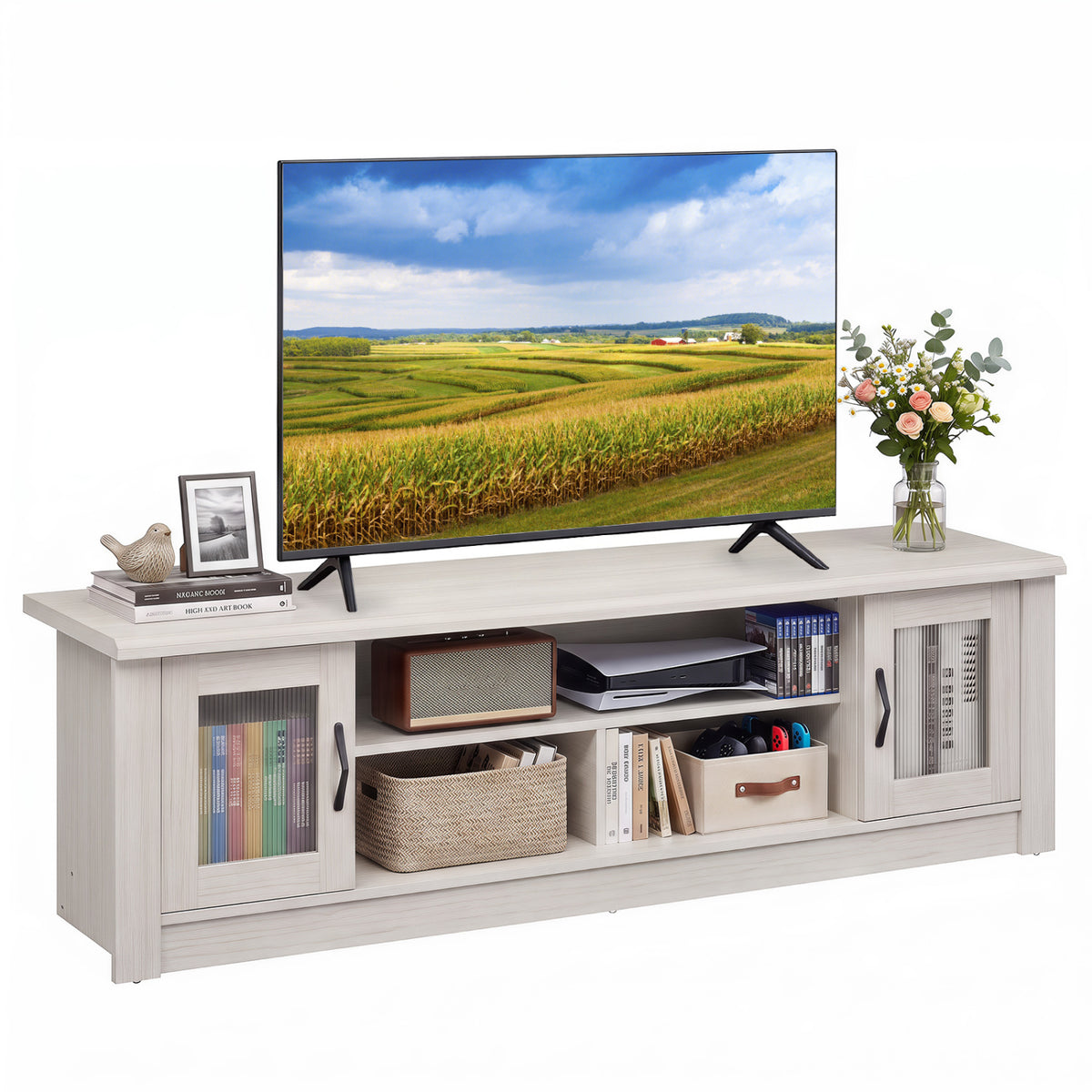 63” Wooden Farmhouse TV Stand for 70 inches TVs with 2 Fluted Doors and 3 Open Compartments-White view 4