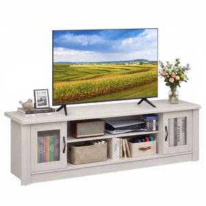 63” Wooden Farmhouse TV Stand for 70 inches TVs with 2 Fluted Doors and 3 Open Compartments-White view 4