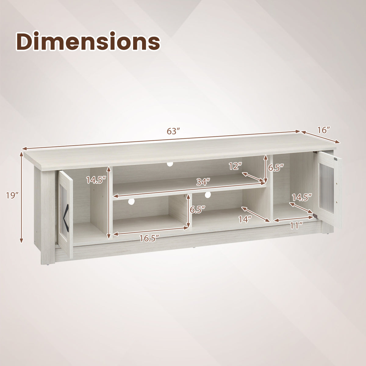 63” Wooden Farmhouse TV Stand for 70 inches TVs with 2 Fluted Doors and 3 Open Compartments-White view 5