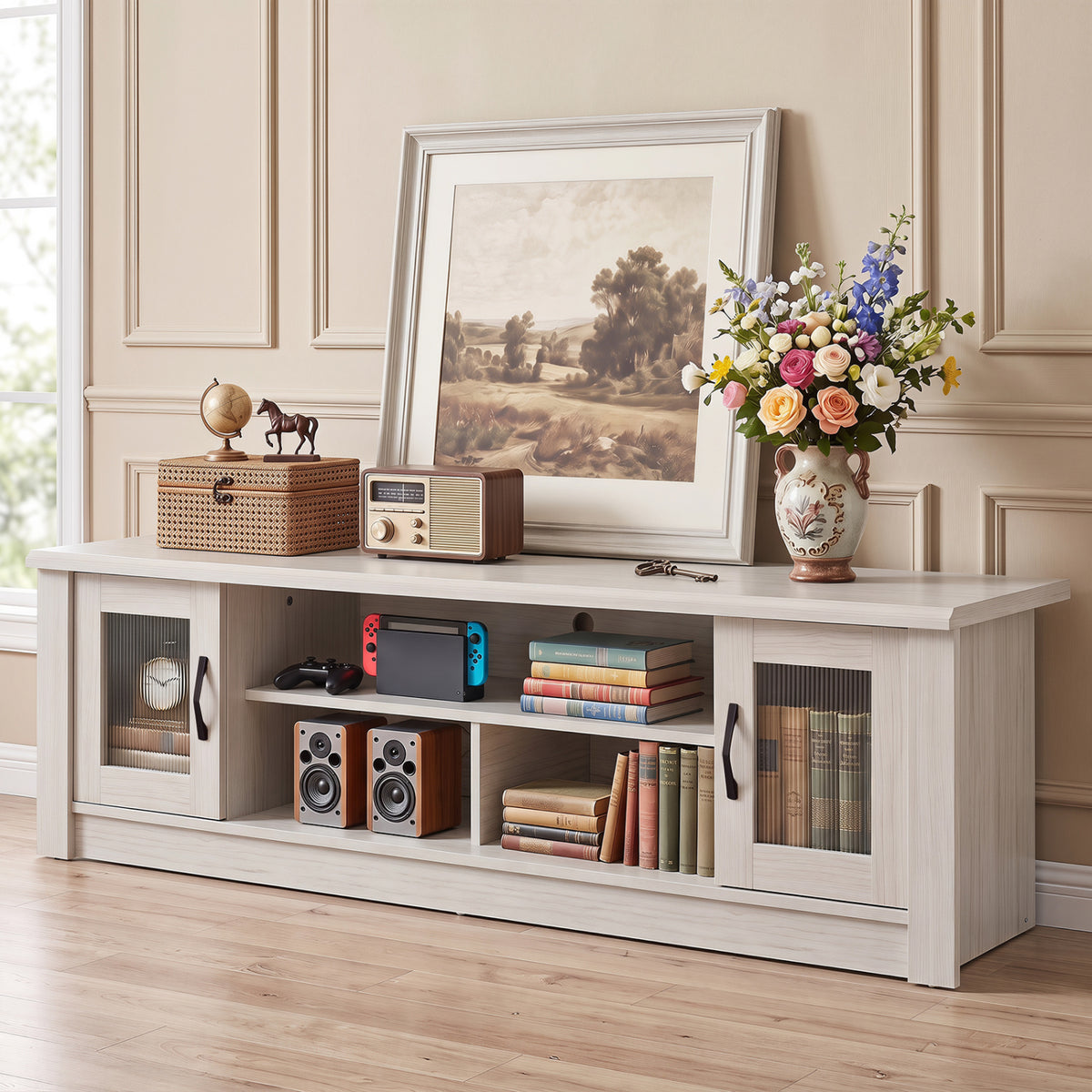 63” Wooden Farmhouse TV Stand for 70 inches TVs with 2 Fluted Doors and 3 Open Compartments-White view 6