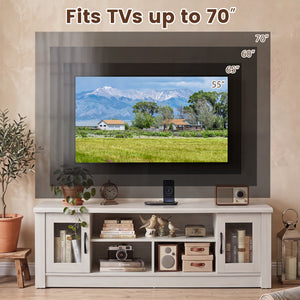 63” Wooden Farmhouse TV Stand for 70 inches TVs with 2 Fluted Doors and 3 Open Compartments-White view 8