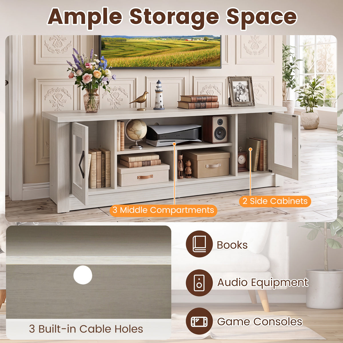 63” Wooden Farmhouse TV Stand for 70 inches TVs with 2 Fluted Doors and 3 Open Compartments-White view 9