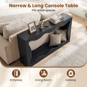 63 Inch Console Table 2-Tier Narrow Entryway Table with Wavy Edge Storage Shelf-Black view 7