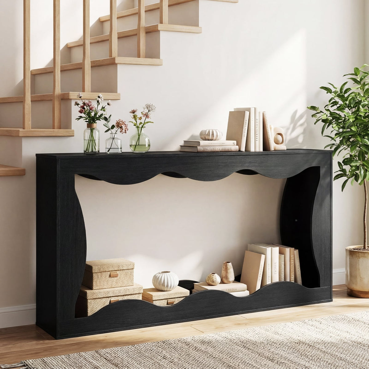 63 Inch Console Table 2-Tier Narrow Entryway Table with Wavy Edge Storage Shelf-Black view 2