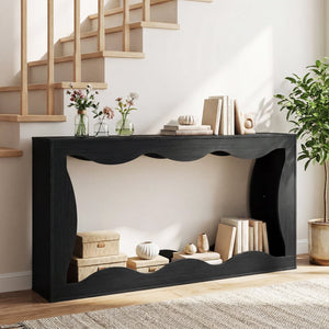 63 Inch Console Table 2-Tier Narrow Entryway Table with Wavy Edge Storage Shelf-Black view 2