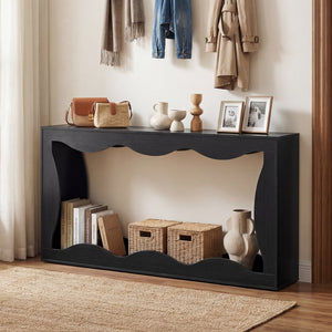 63 Inch Console Table 2-Tier Narrow Entryway Table with Wavy Edge Storage Shelf-Black view 3