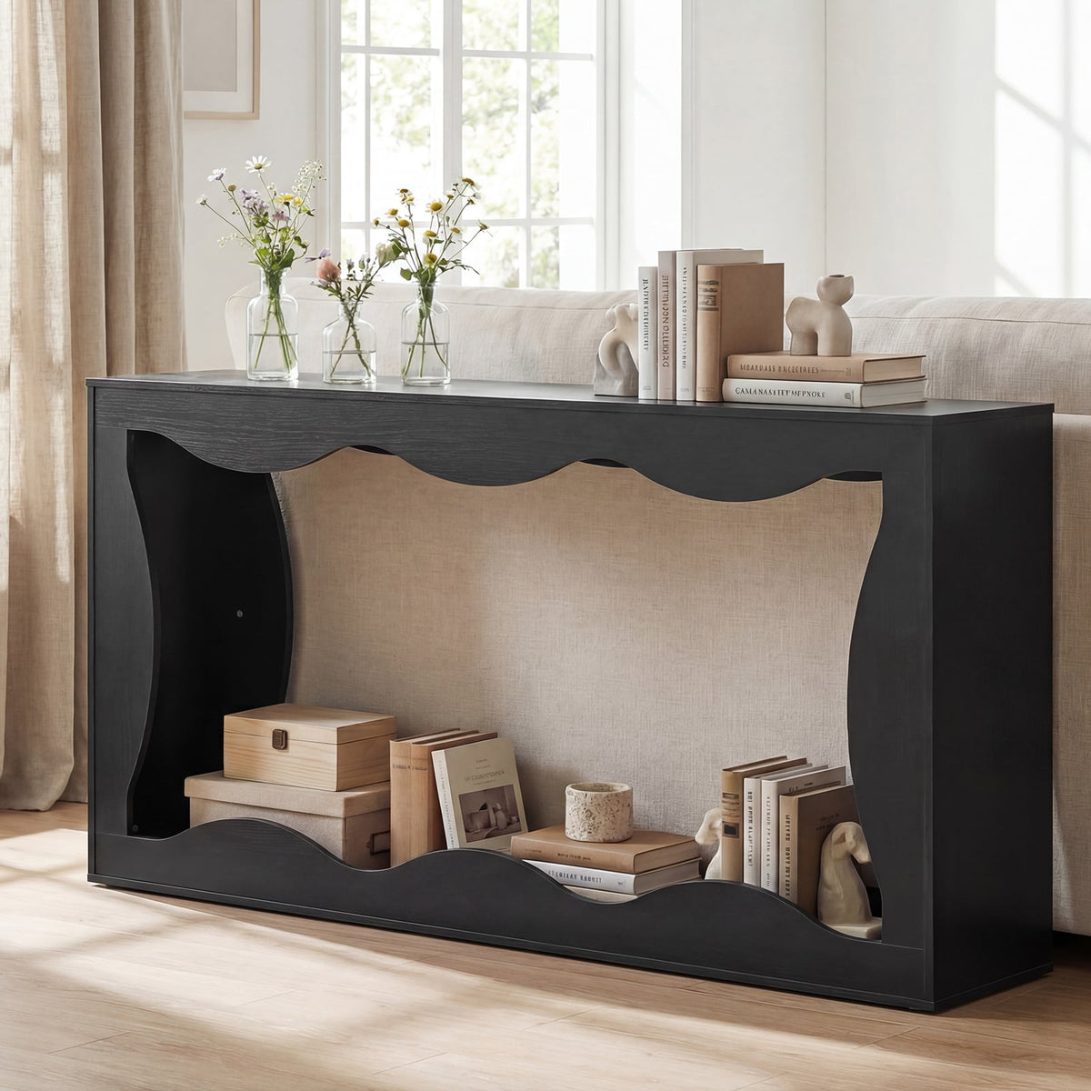 63 Inch Console Table 2-Tier Narrow Entryway Table with Wavy Edge Storage Shelf-Black view 6