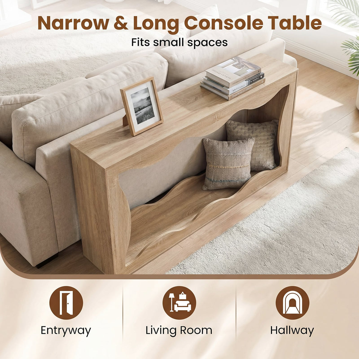 63 Inch Console Table 2-Tier Narrow Entryway Table with Wavy Edge Storage Shelf-Natural view 7