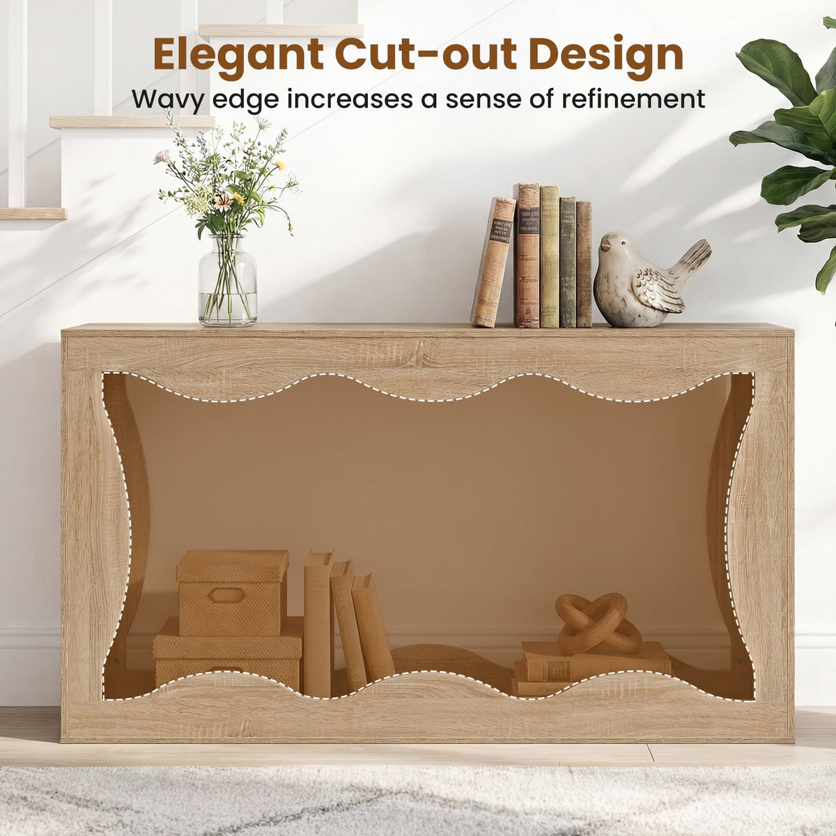 63 Inch Console Table 2-Tier Narrow Entryway Table with Wavy Edge Storage Shelf-Natural view 8