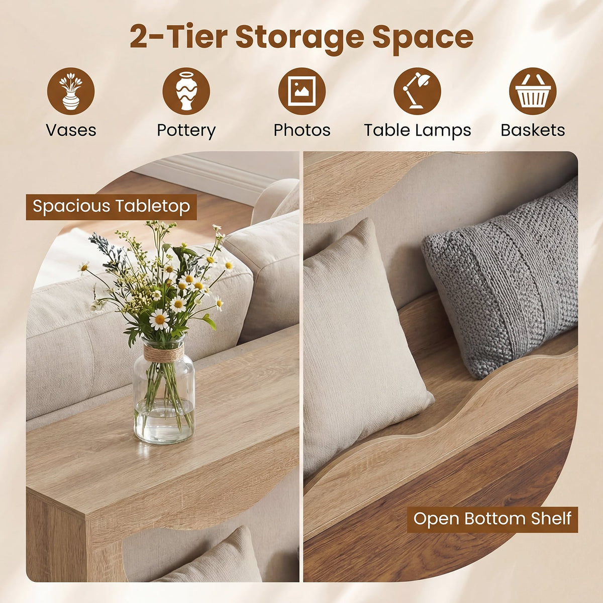 63 Inch Console Table 2-Tier Narrow Entryway Table with Wavy Edge Storage Shelf-Natural view 9