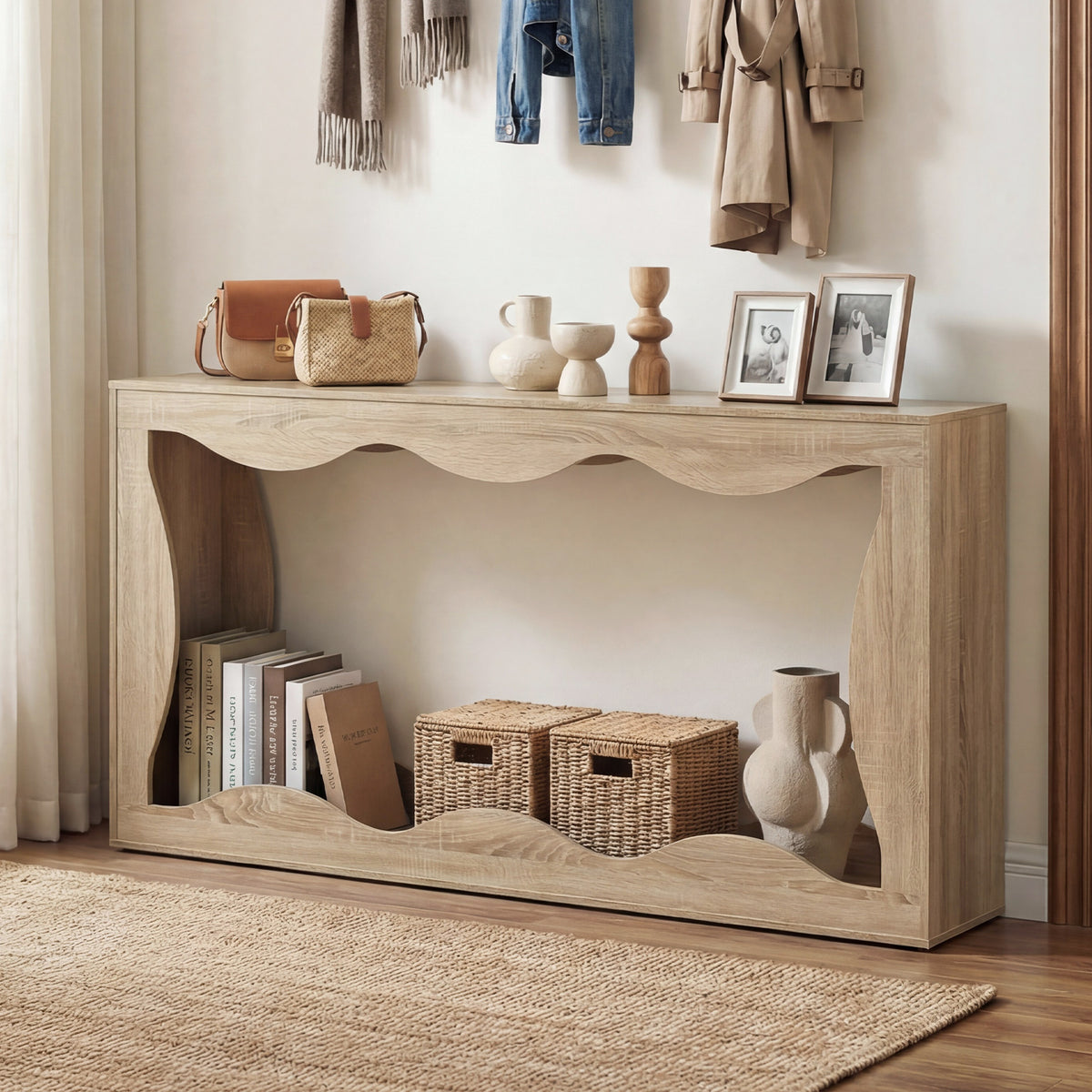 63 Inch Console Table 2-Tier Narrow Entryway Table with Wavy Edge Storage Shelf-Natural view 2