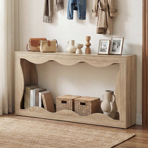 63 Inch Console Table 2-Tier Narrow Entryway Table with Wavy Edge Storage Shelf-Natural view 2