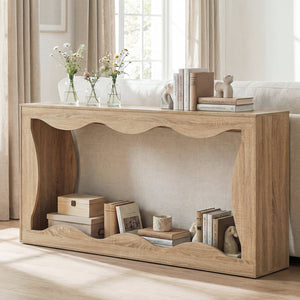 63 Inch Console Table 2-Tier Narrow Entryway Table with Wavy Edge Storage Shelf-Natural view 6