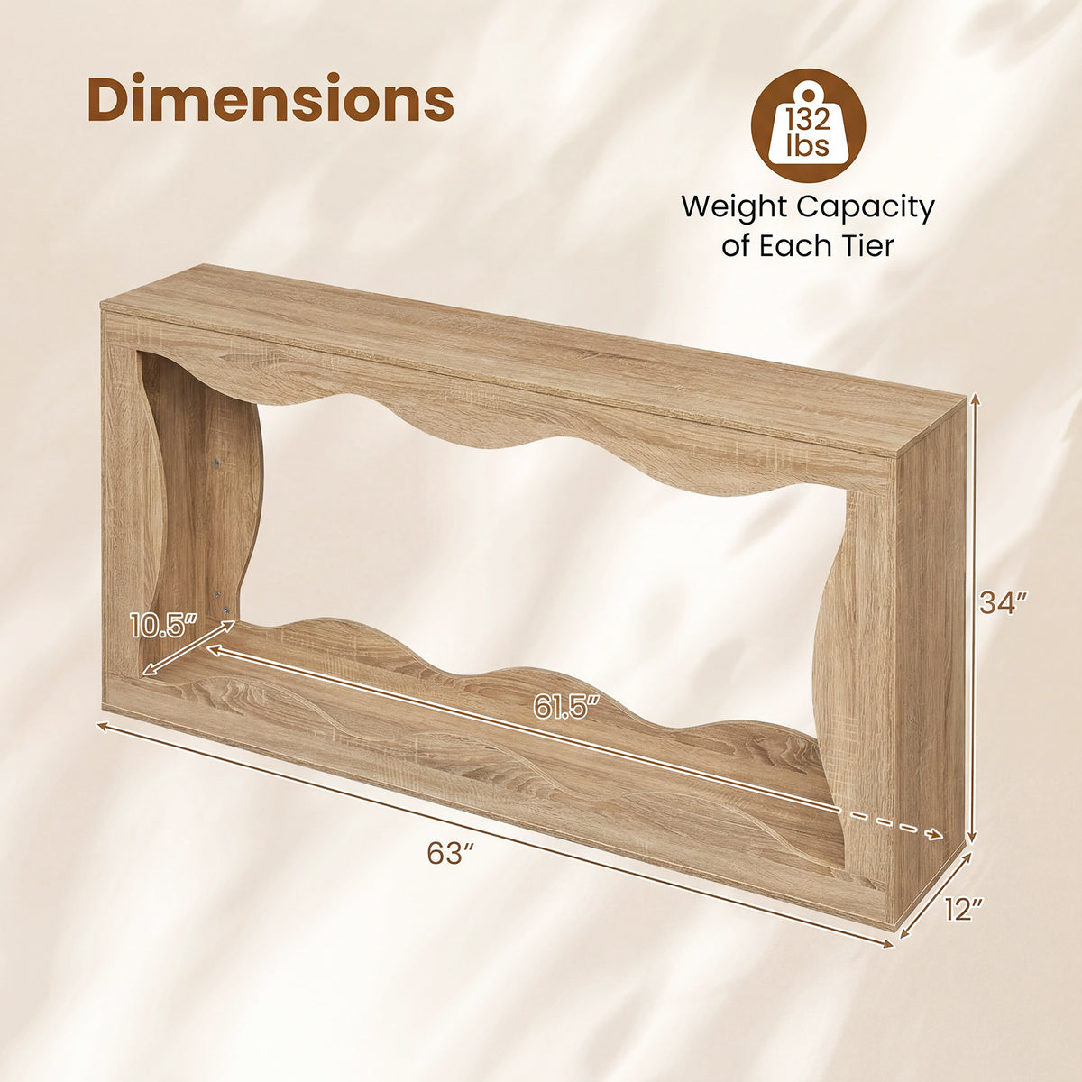 63 Inch Console Table 2-Tier Narrow Entryway Table with Wavy Edge Storage Shelf-Natural view 5
