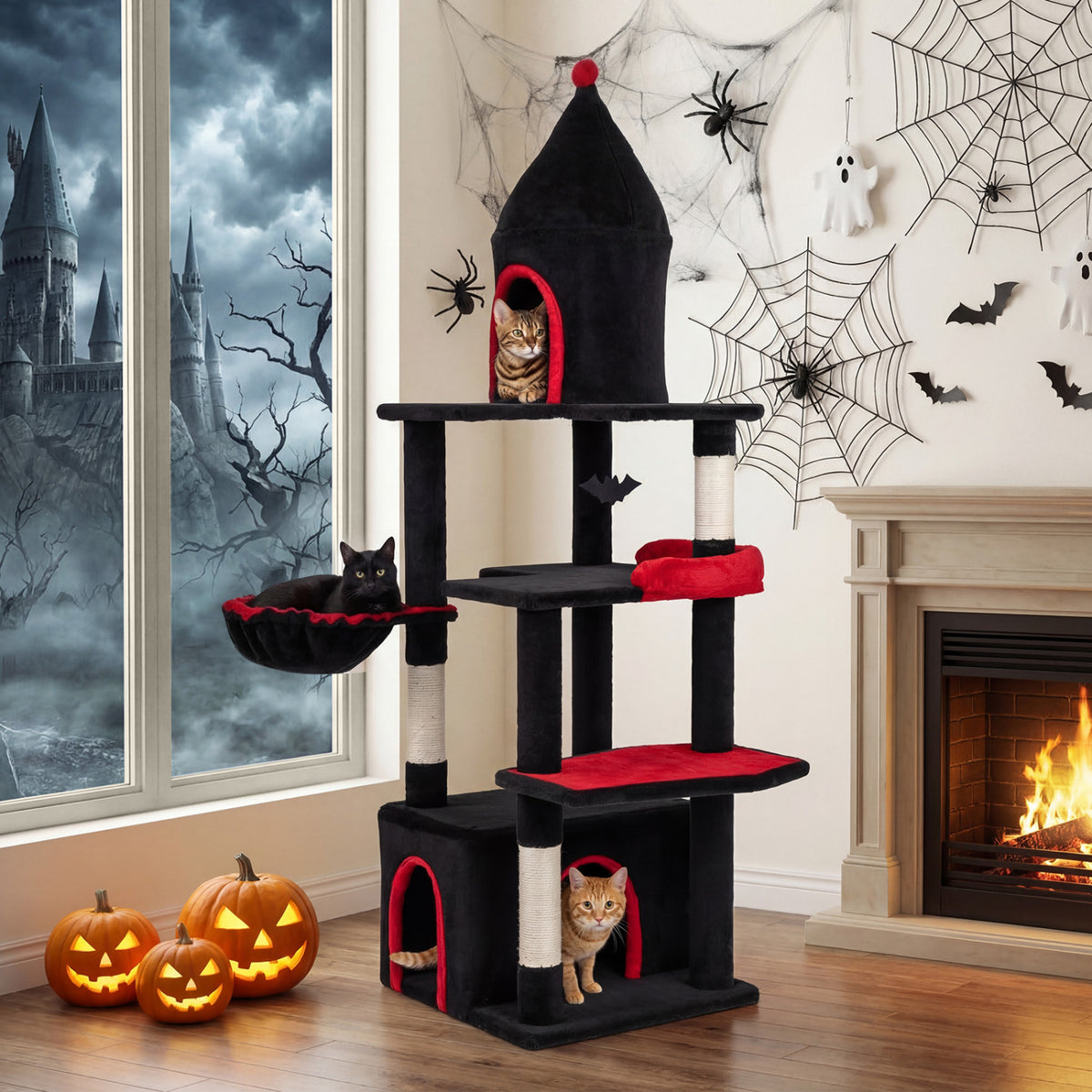63 Inch Gothic Cat Tree with Condo and Top Cave for Large Cats 20+ LBS-Black view 2
