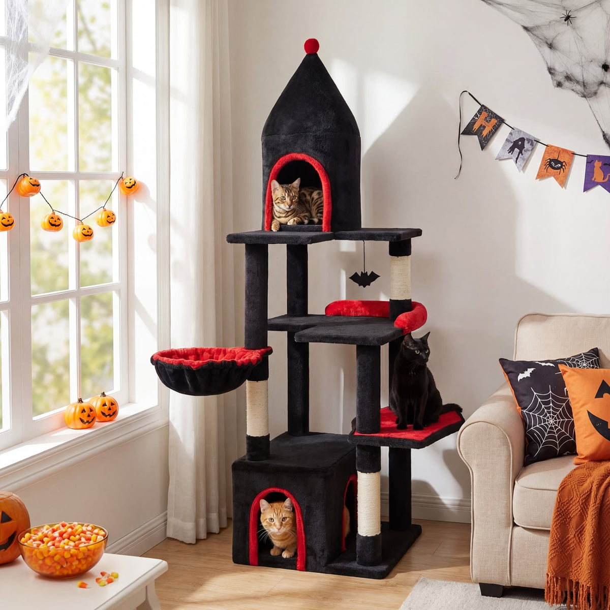 63 Inch Gothic Cat Tree with Condo and Top Cave for Large Cats 20+ LBS-Black view 3