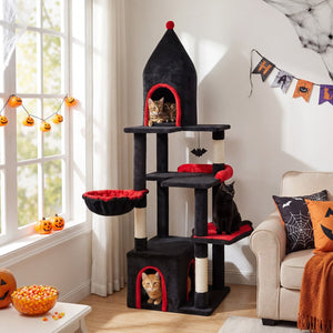 63 Inch Gothic Cat Tree with Condo and Top Cave for Large Cats 20+ LBS-Black view 3