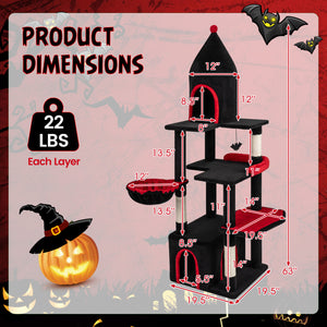 63 Inch Gothic Cat Tree with Condo and Top Cave for Large Cats 20+ LBS-Black view 4