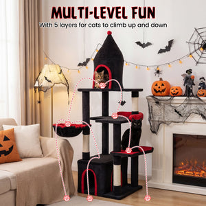 63 Inch Gothic Cat Tree with Condo and Top Cave for Large Cats 20+ LBS-Black view 5