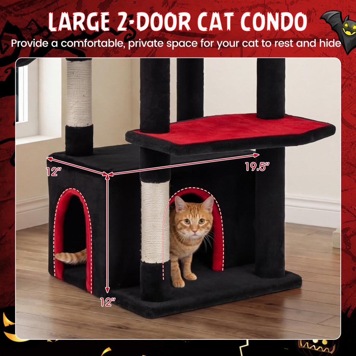 63 Inch Gothic Cat Tree with Condo and Top Cave for Large Cats 20+ LBS-Black view 6