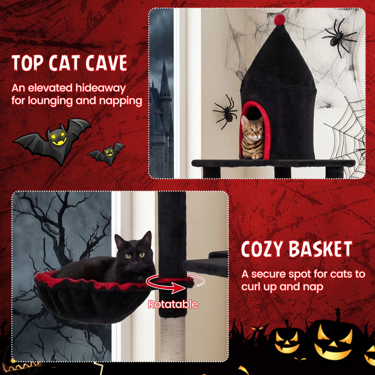 63 Inch Gothic Cat Tree with Condo and Top Cave for Large Cats 20+ LBS-Black view 7