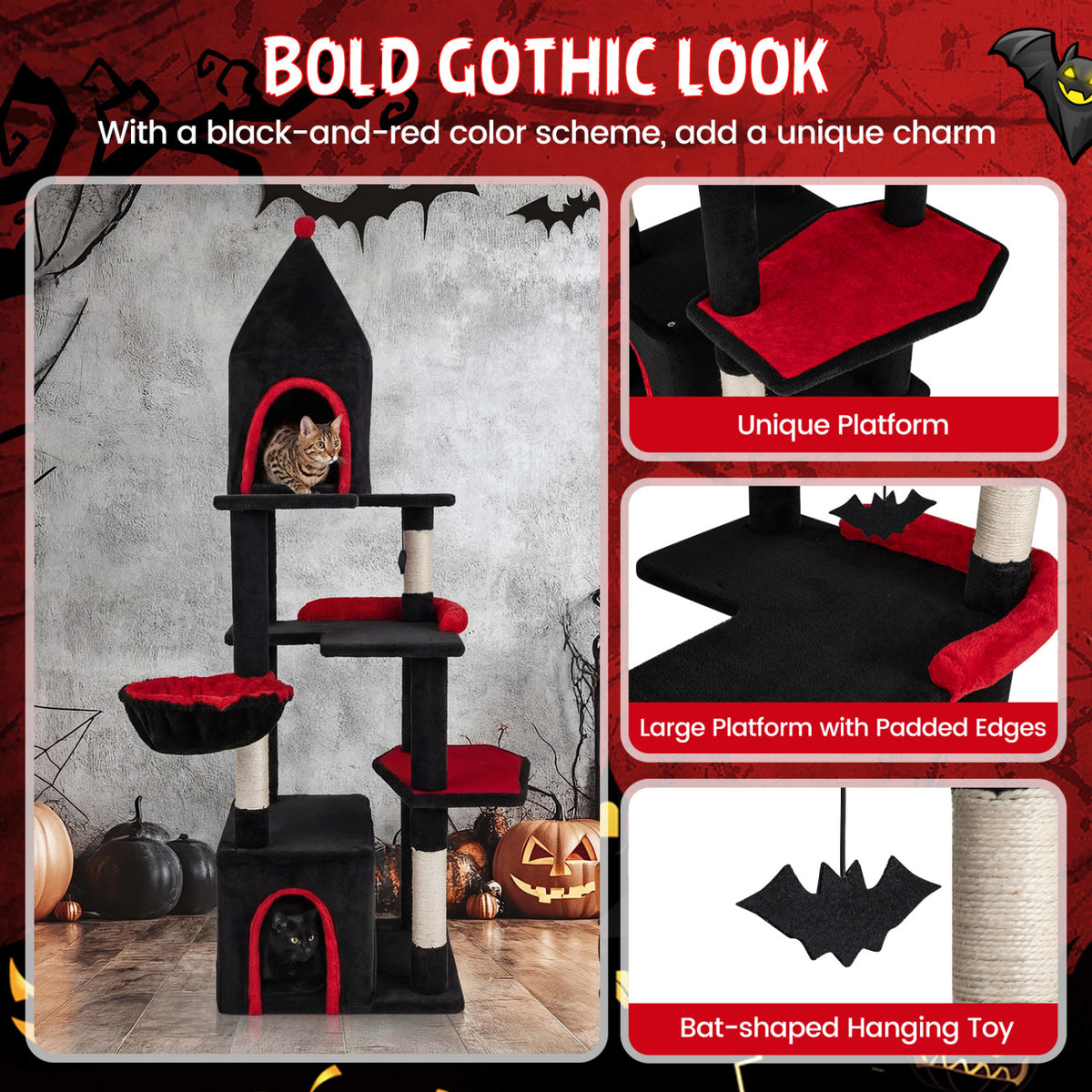 63 Inch Gothic Cat Tree with Condo and Top Cave for Large Cats 20+ LBS-Black view 8