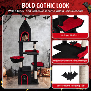 63 Inch Gothic Cat Tree with Condo and Top Cave for Large Cats 20+ LBS-Black view 8
