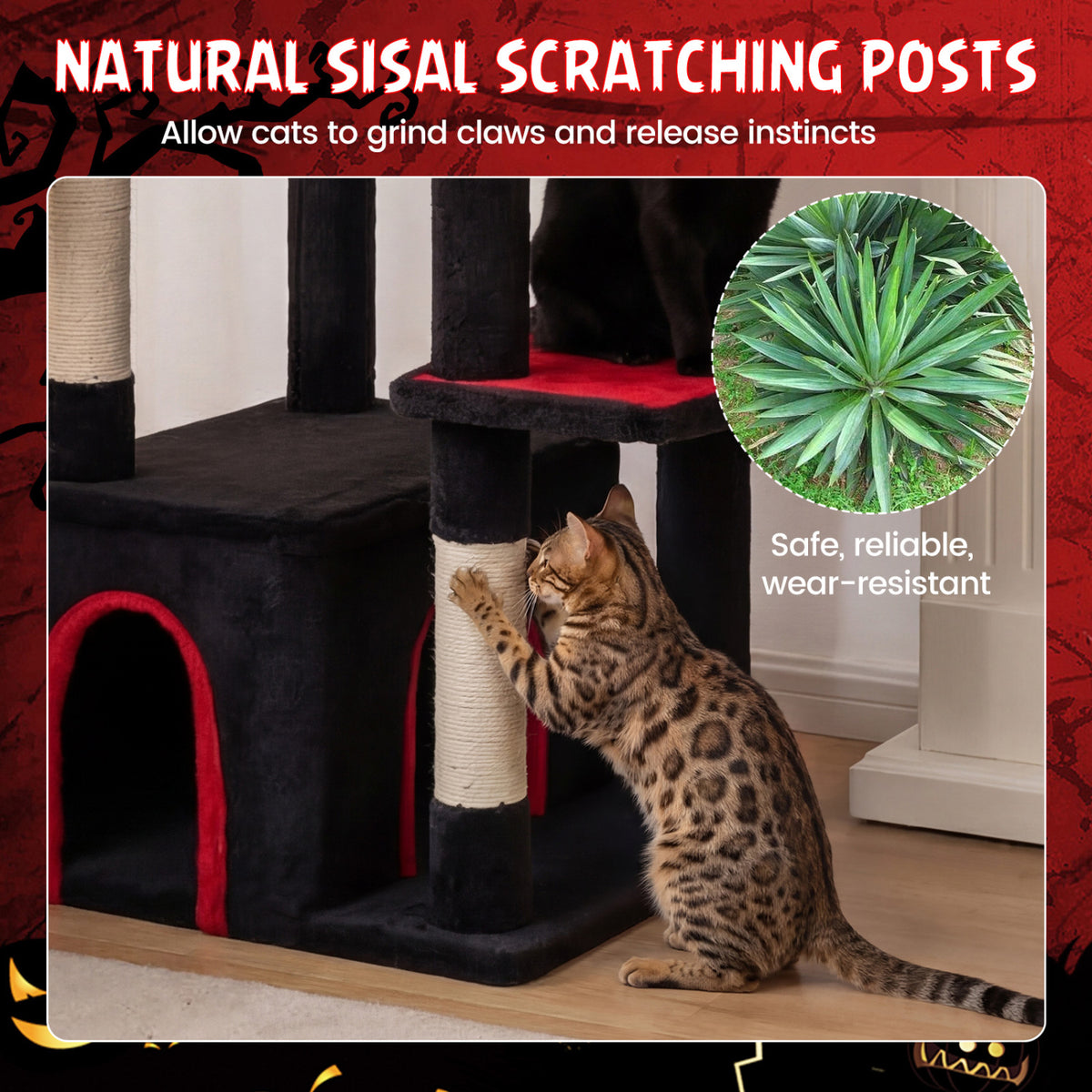 63 Inch Gothic Cat Tree with Condo and Top Cave for Large Cats 20+ LBS-Black view 9