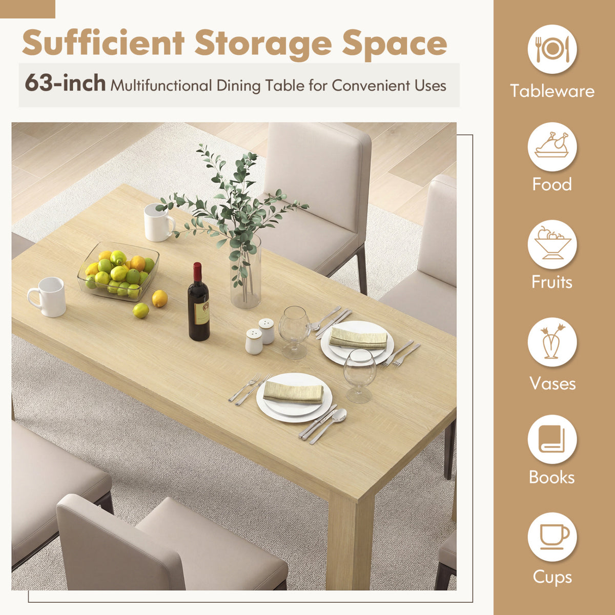 63 Inch Rectangular Modern Dining Kitchen Table-Oak view 7