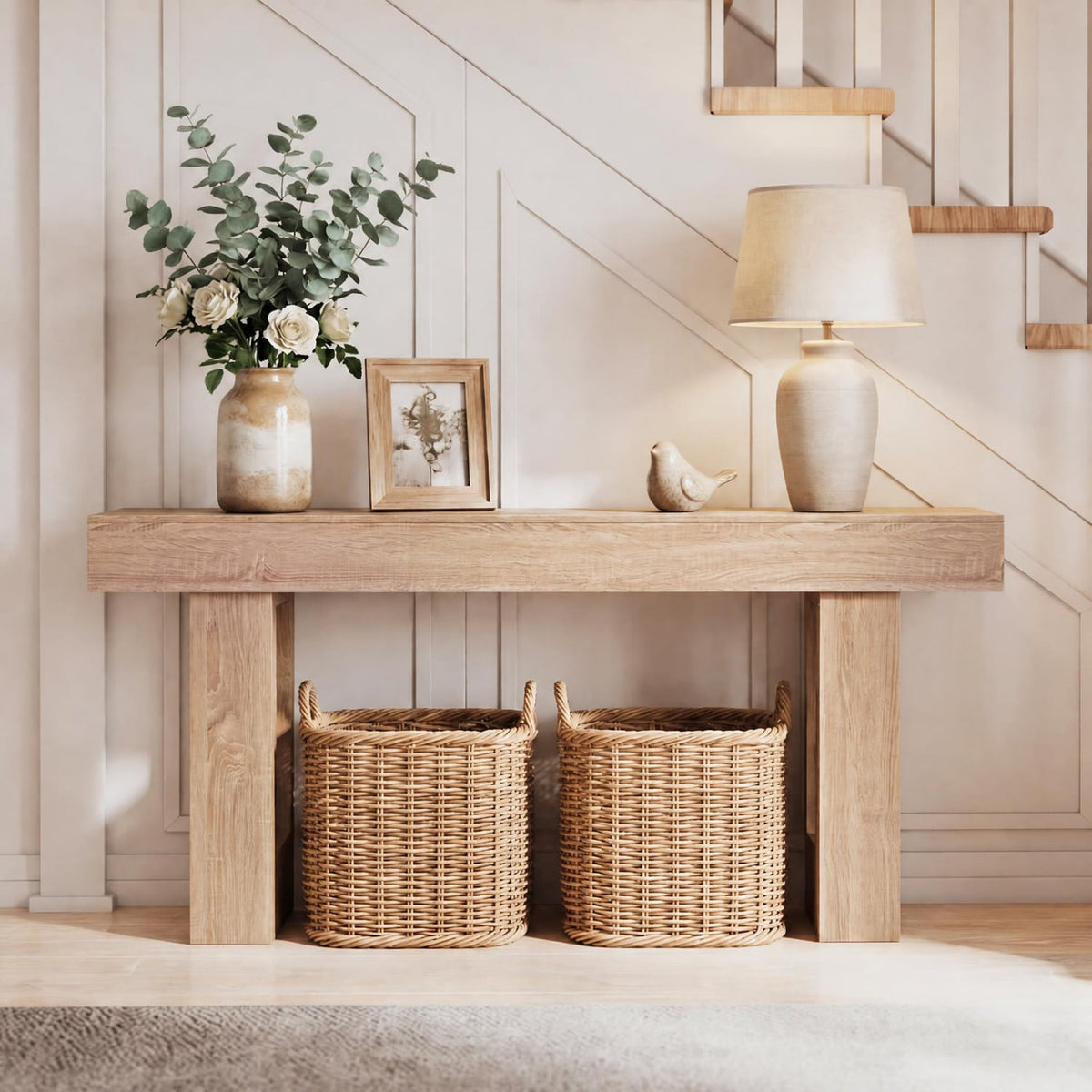 63 Inches Long Console Table Farmhouse Entryway Table with Storage-Natural view 6
