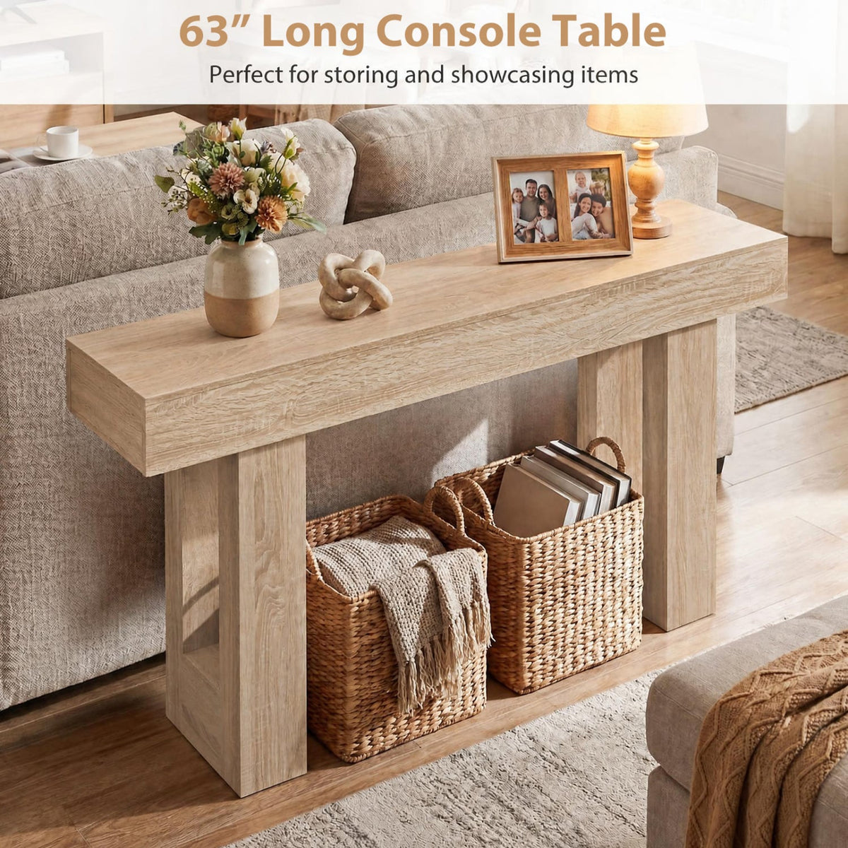 63 Inches Long Console Table Farmhouse Entryway Table with Storage-Natural view 8