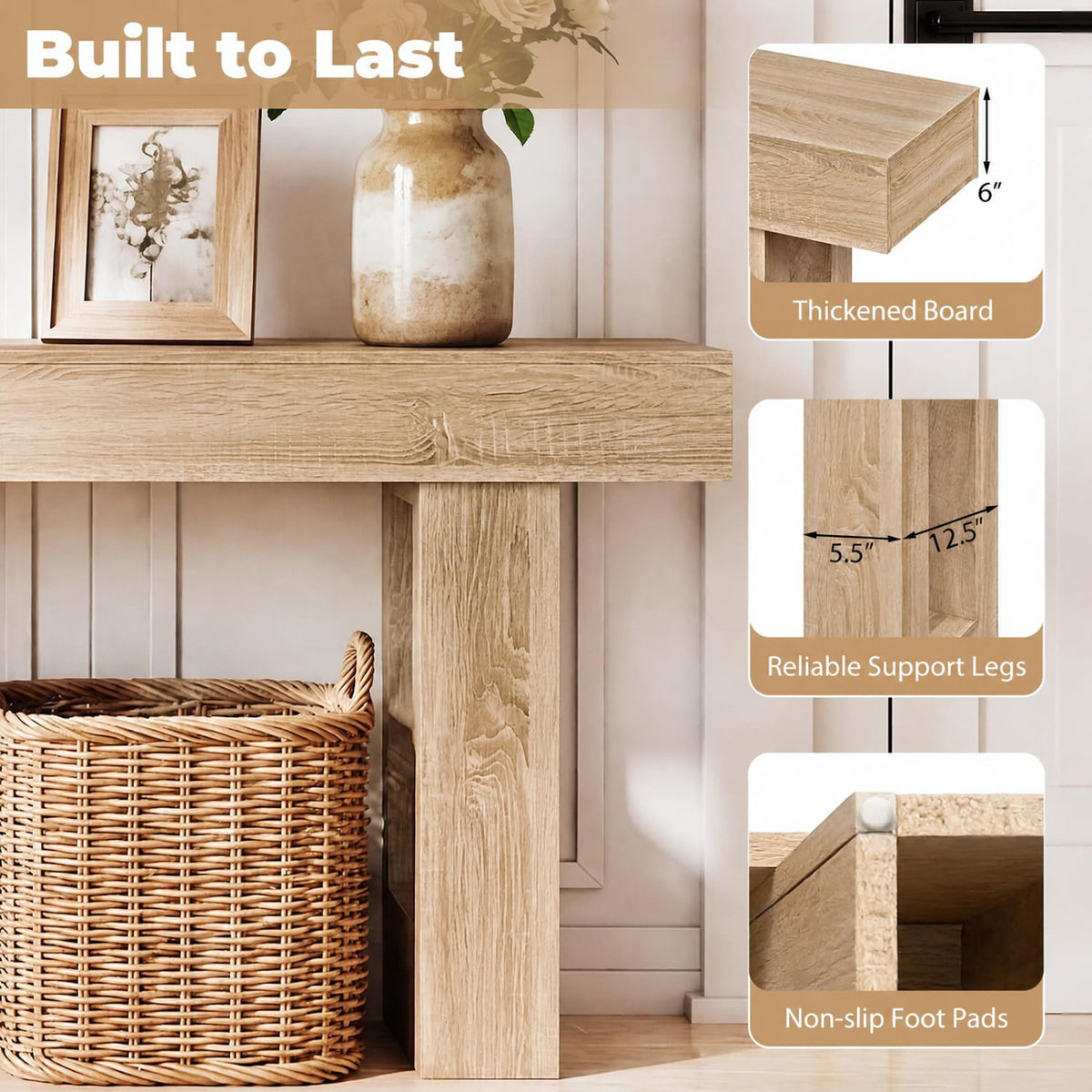 63 Inches Long Console Table Farmhouse Entryway Table with Storage-Natural view 9