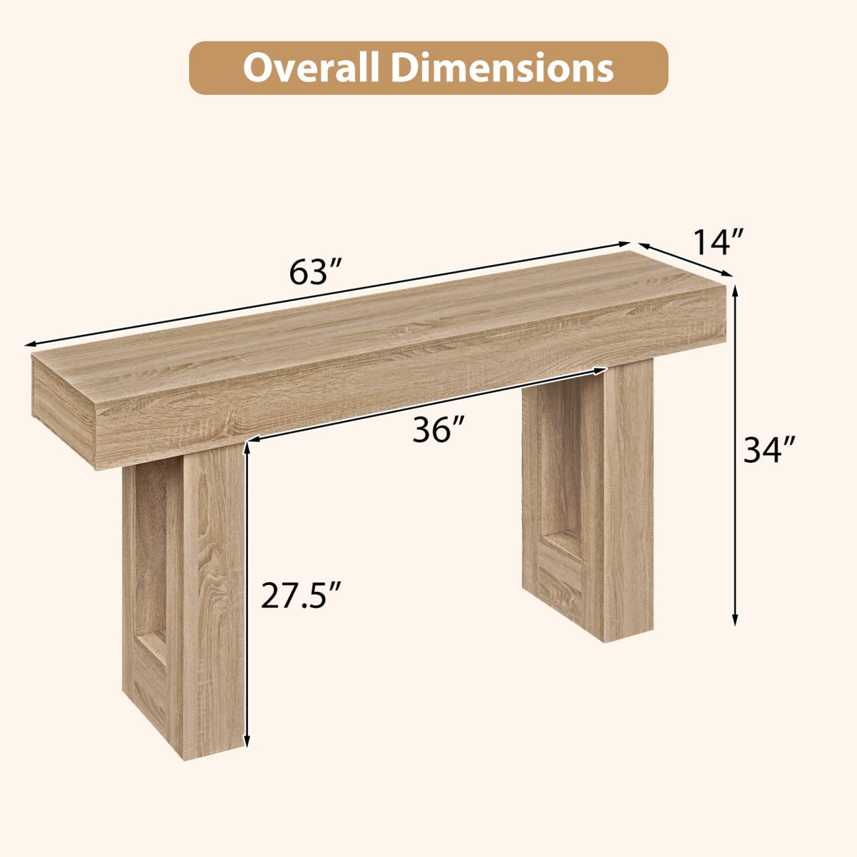 63 Inches Long Console Table Farmhouse Entryway Table with Storage-Natural view 5