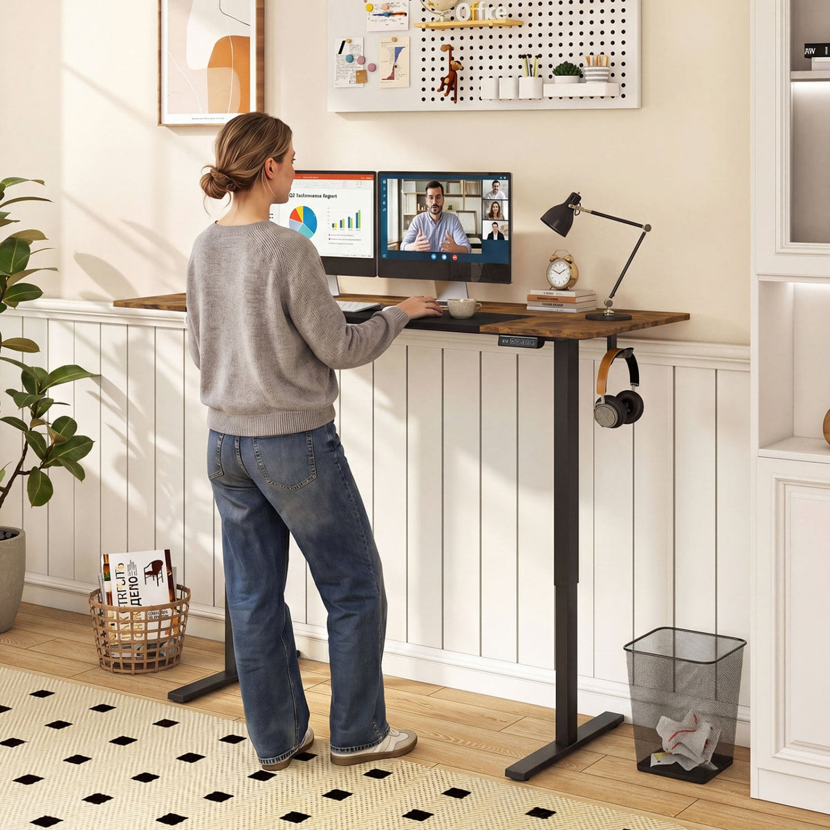 63 x 24 Inch Height Adjustable Sit Stand Computer Desk with 3 Memory Presets-Rustic Brown view 3