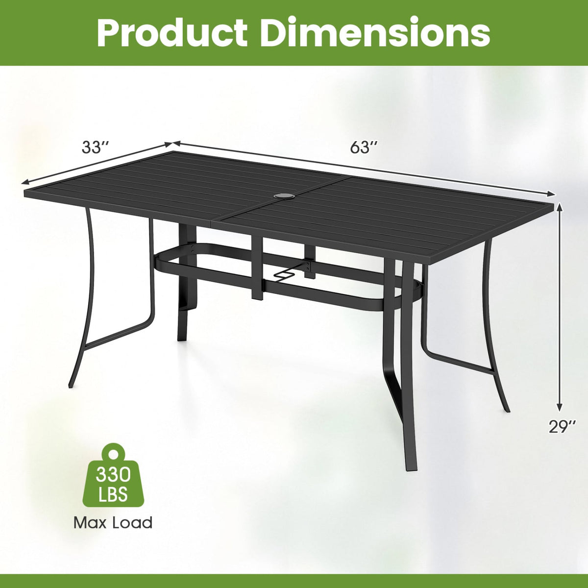 63 inches x 33 inches Rectangle Metal Patio Dining Table for 6-Black view 5