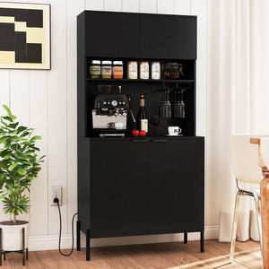 64.5 Inches Tall Kitchen Pantry Cabinet with Charging Station and Wine Glass Rack-Black view 2