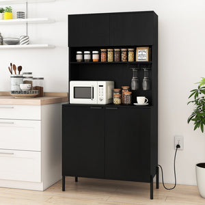 64.5 Inches Tall Kitchen Pantry Cabinet with Charging Station and Wine Glass Rack-Black view 3