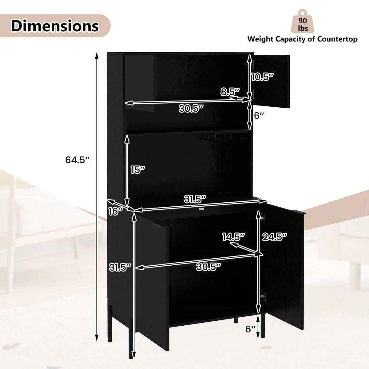 64.5 Inches Tall Kitchen Pantry Cabinet with Charging Station and Wine Glass Rack-Black view 5