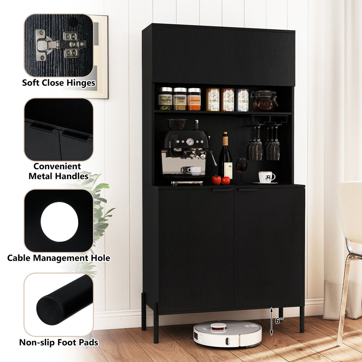 64.5 Inches Tall Kitchen Pantry Cabinet with Charging Station and Wine Glass Rack-Black view 6