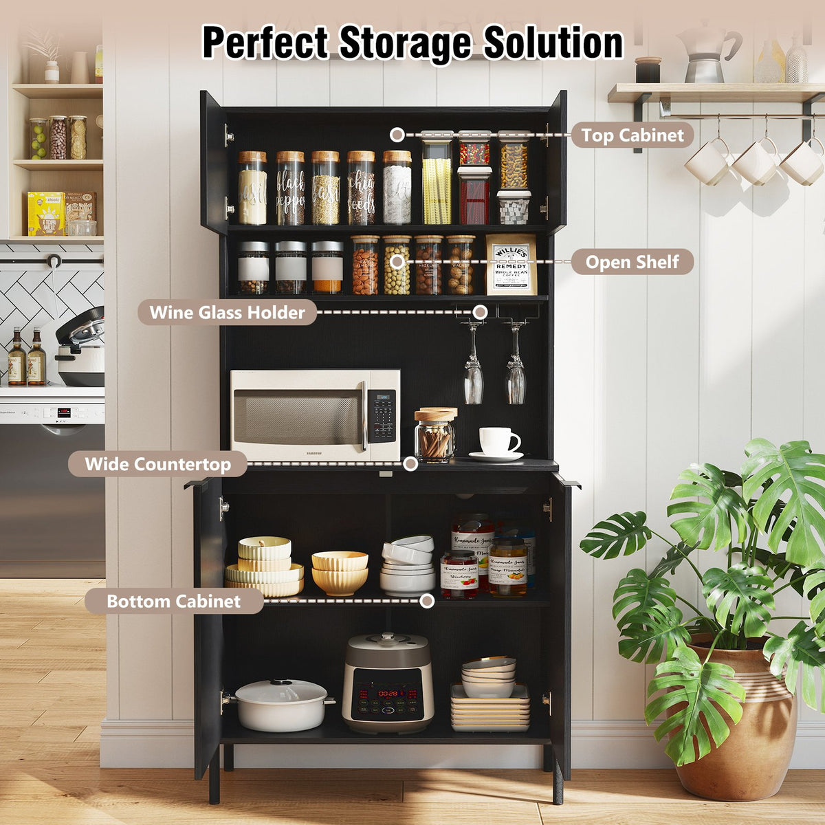 64.5 Inches Tall Kitchen Pantry Cabinet with Charging Station and Wine Glass Rack-Black view 7