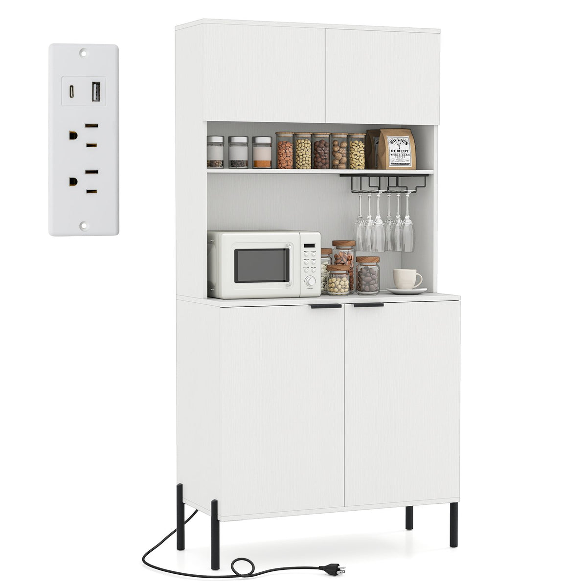 64.5 Inches Tall Kitchen Pantry Cabinet with Charging Station and Wine Glass Rack-White