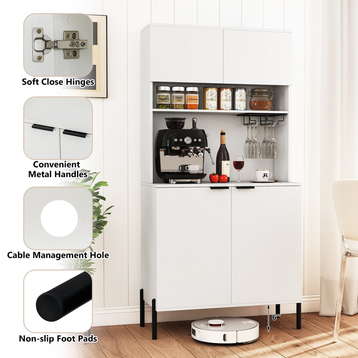 64.5 Inches Tall Kitchen Pantry Cabinet with Charging Station and Wine Glass Rack-White view 6