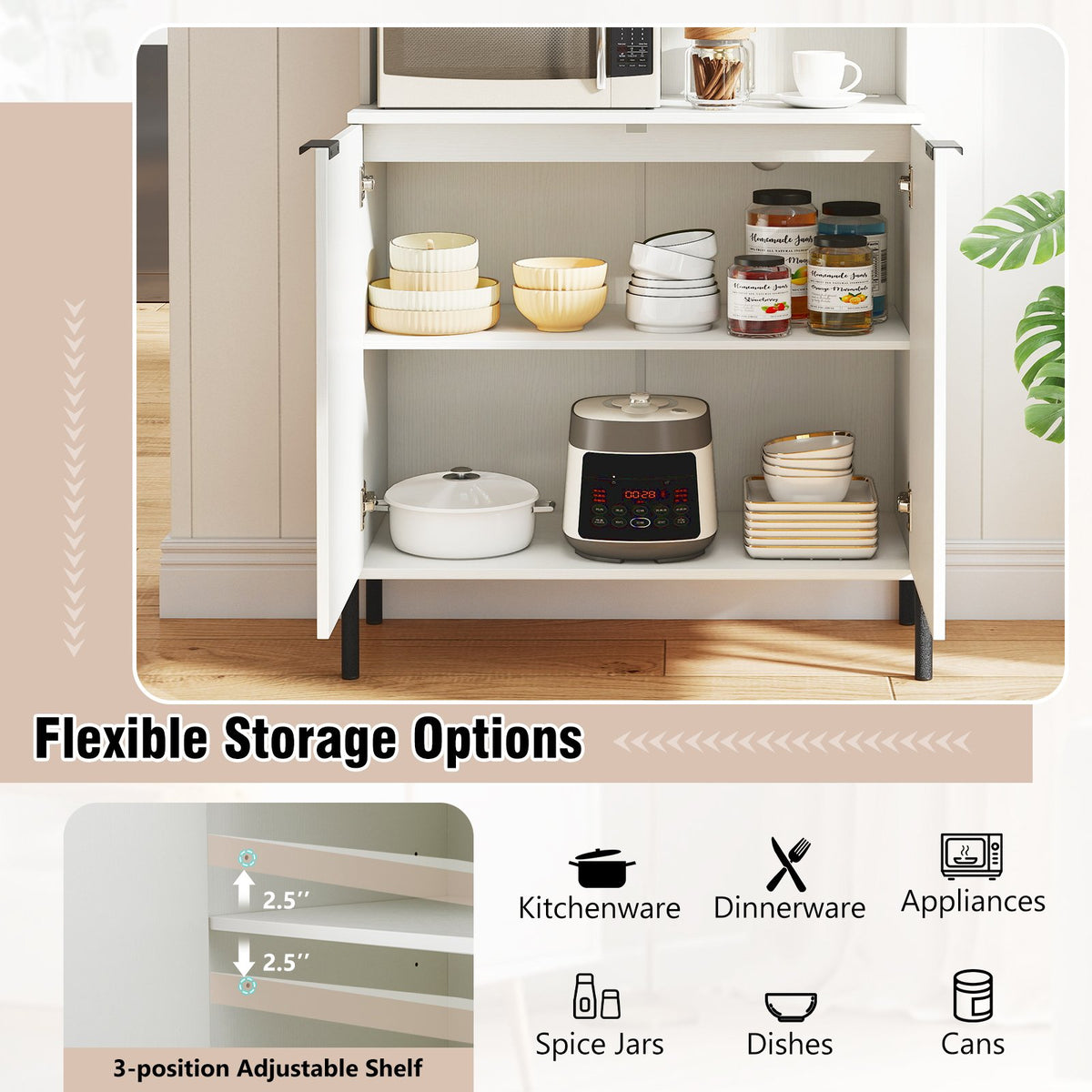64.5 Inches Tall Kitchen Pantry Cabinet with Charging Station and Wine Glass Rack-White view 8